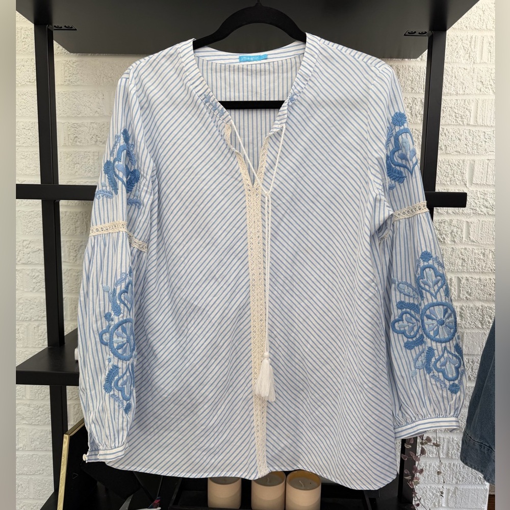 J. McLaughlin Striped Embroidered Tassel Peasant Blouse L